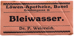 Etikette von Dr. P. Weinreich mit der Adresse "Greifengasse 25"